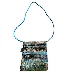 Anter Jerusalem Themed Blue and Black Crossbody Bag Unisex